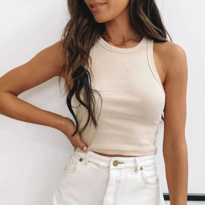 women fitness crop top - Ribbed Tank Top Women White 2024 Summer Casual Fitness Short Vest Candy Colors Knitted Off Shoulder Sexy Crop Top Women