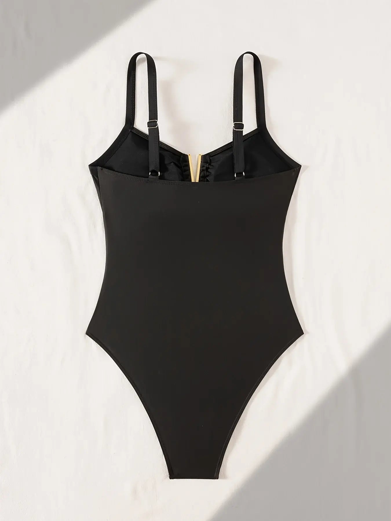 Women's Fashionable One-Piece Swimsuit with a Small V-Neck Black clothing front