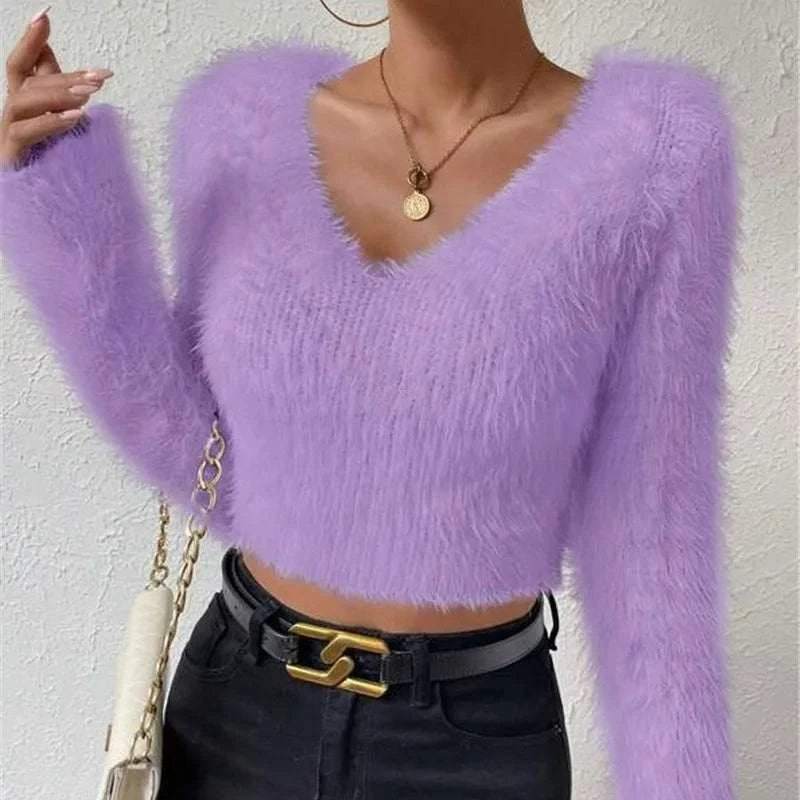 Jumper Womens Offers Women's Purple Sweater Sexy V Neck Fashion Long Sleeve