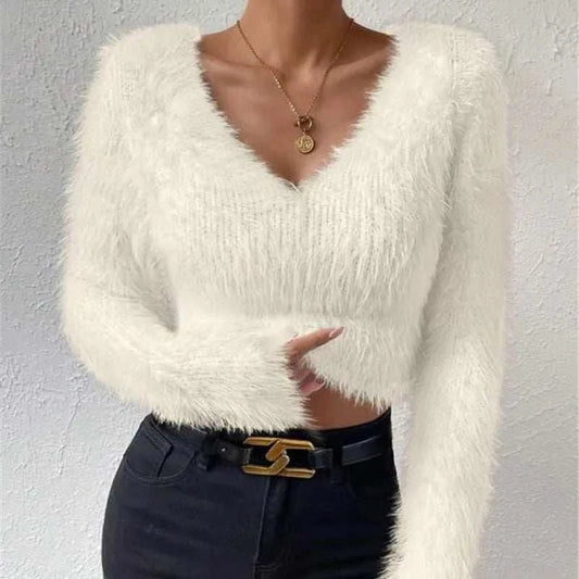Jumper Womens offers Women's White Sweater Sexy V Neck Fashion Long Sleeve