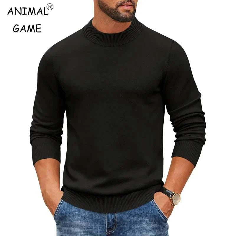 Men's Mock Black Turtleneck Ribbed Knit Pullover Sweater