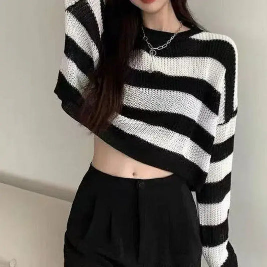 New Korean Style Striped White Cropped Sweater 