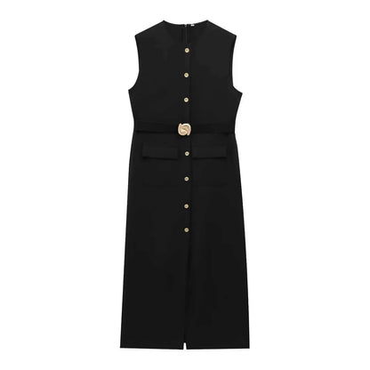 HH Women Elegant Black Dress O Neck Single