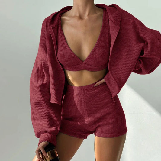 Women Tracksuit - Solid Sport 3 Piece Set Crop Vest Hoodie Tracksuit Women