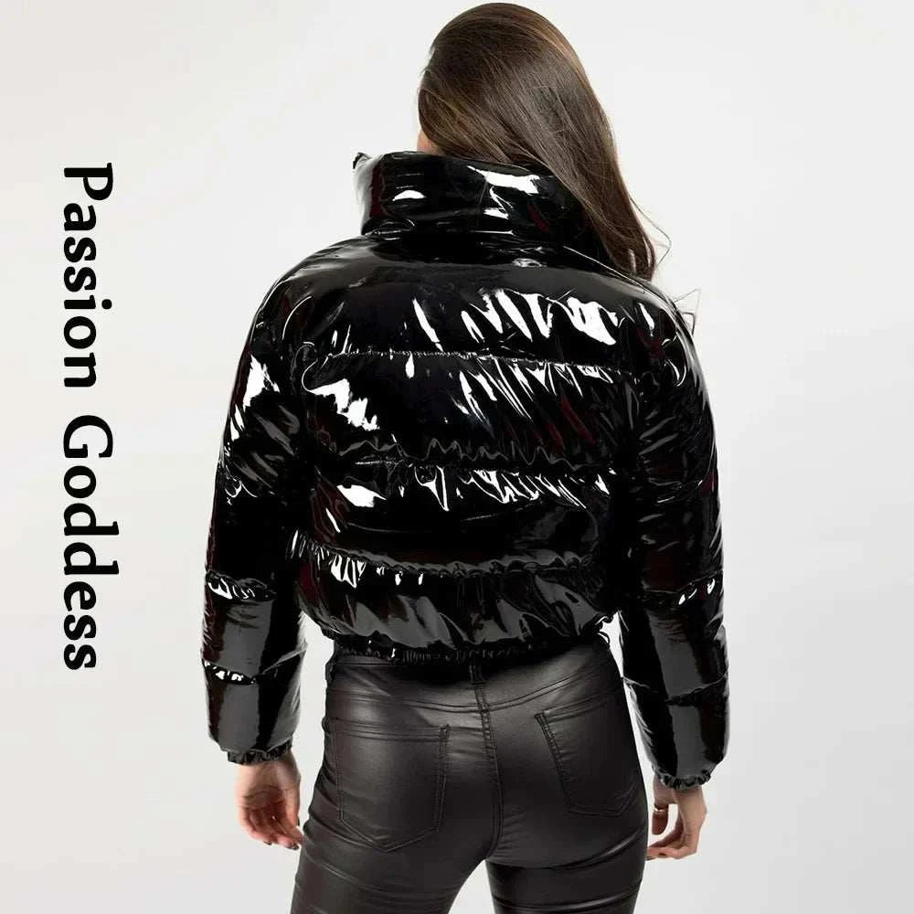 Winter Women Shiny Leather Puffer Jacket