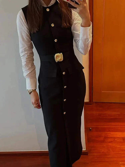 HH Women Elegant Black Dress O Neck Single