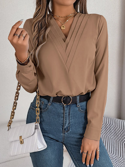 Going Out Tops | Spring Summer Solid Color Triple V Neck Long Sleeve Chiffon Shirt