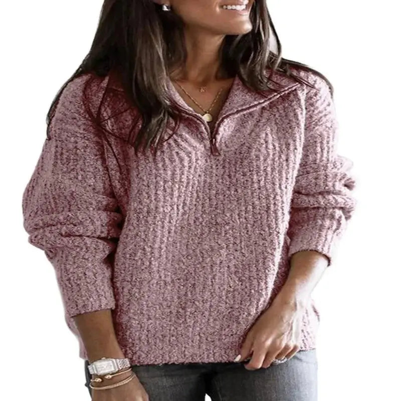 Spring Autumn Women Fashion Slim Solid Cotton Knitted Pink Sweaters