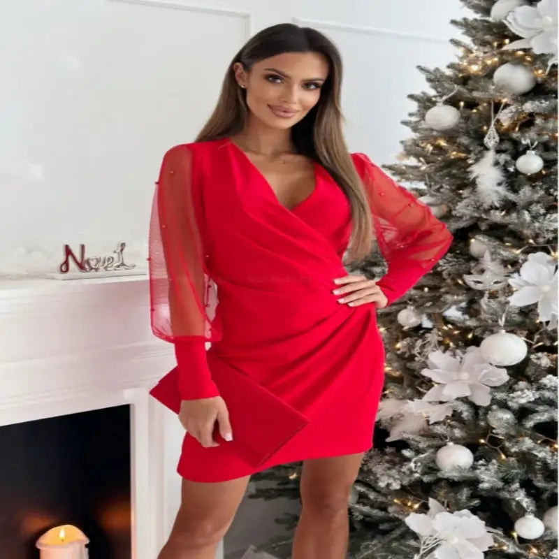 Informal Dresses, Summer Dress For Women New Floral Print Bat Half-Sleeve V-Neck in Red