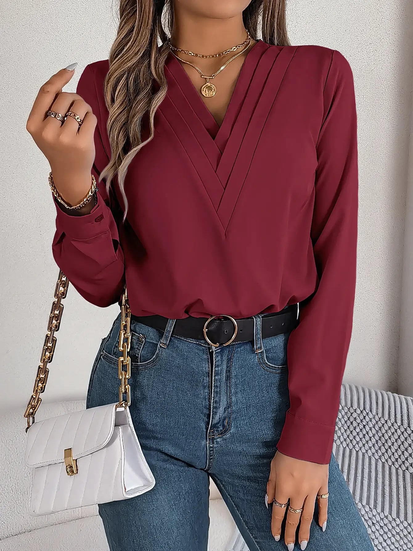  Summer Solid Triple V Neck Long Sleeve Chiffon Shirt Claret