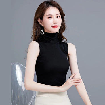  Summer Tops For Women Turtleneck Basic Sleeveless Black