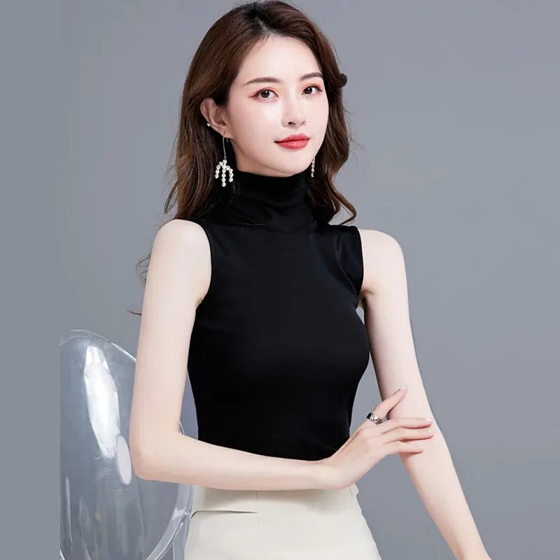  Summer Tops For Women Turtleneck Basic Sleeveless Black