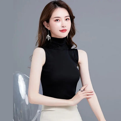  Summer Tops For Women Turtleneck Basic Sleeveless Black