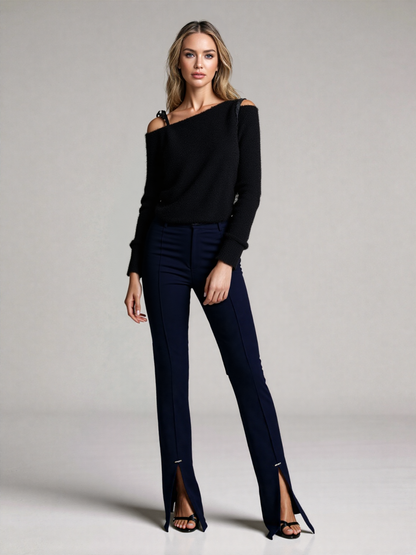 Sweater Women Black Irregular Skew Collar Long Sleeve