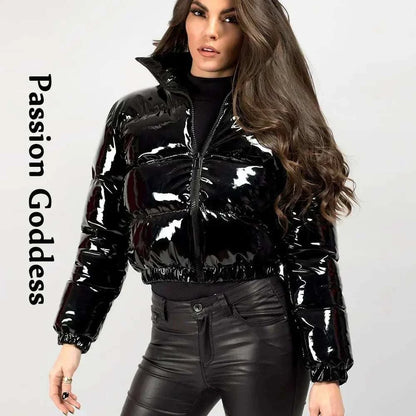winter coats for women include Winter Women Shiny Leather Black Puffer Jacket