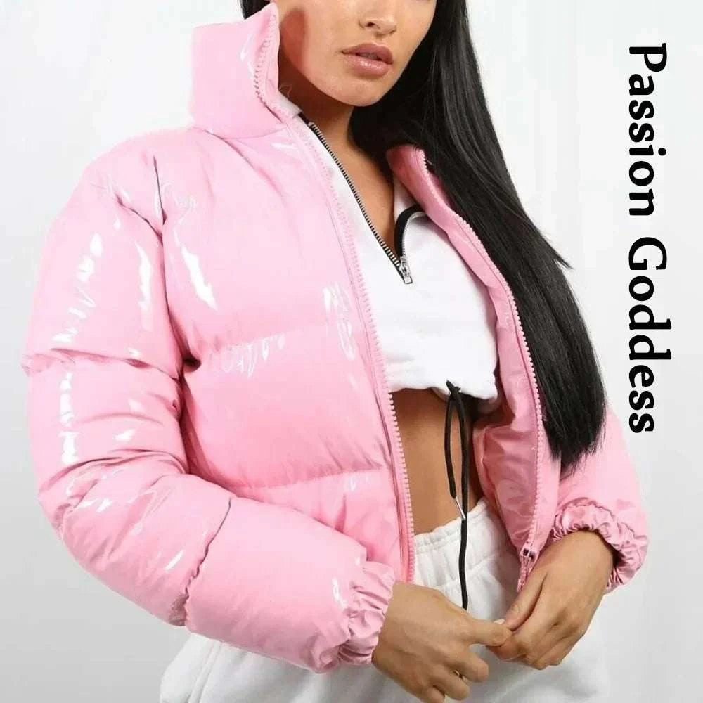 winter coats for women offers Winter Women Shiny Leather Pink Puffer Jacket