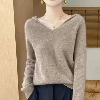 Women Autumn Winter Clothing Hooded Collar Pullover Gray