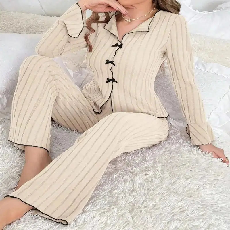 Women Autumn Winter Pijama Set Beige