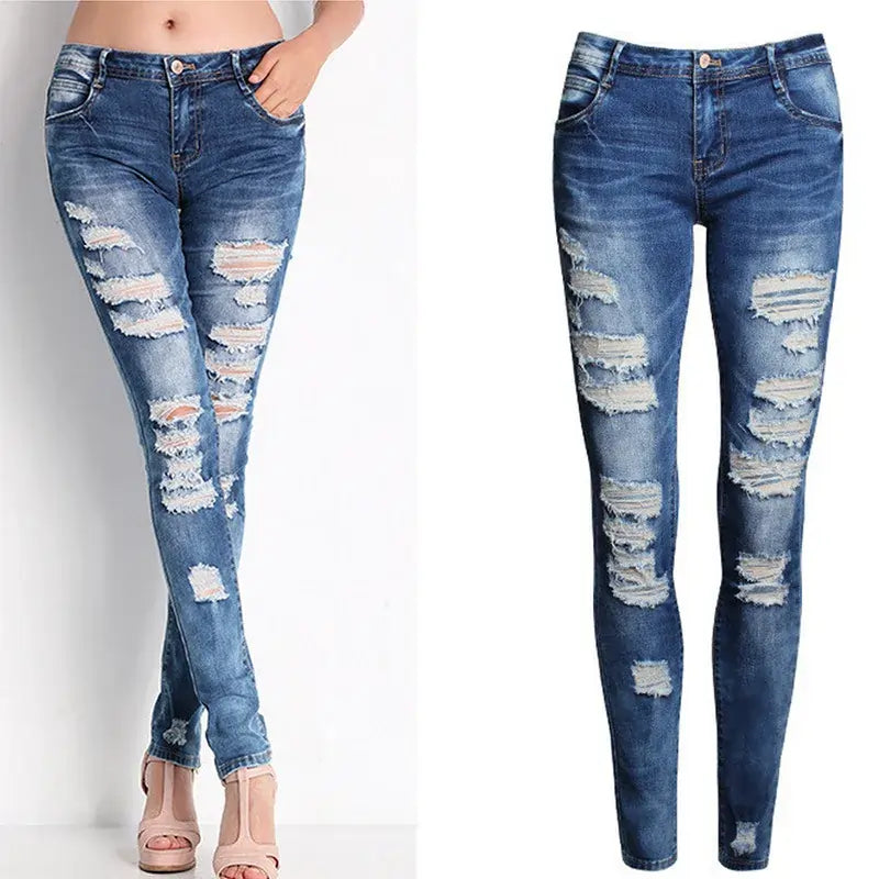 Women Jeans Blue Slim Ripped