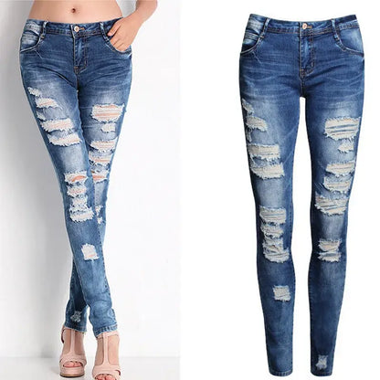 Women Jeans Blue Slim Ripped