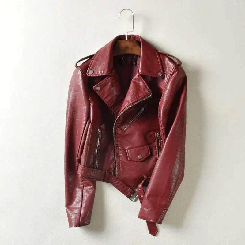 Women Punk Leather Blazer Zipper Motorycle Jacket Burgundy