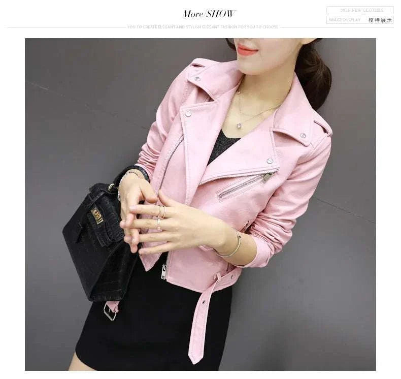 Women Punk Pink Leather Blazer Zipper Motorycle Jacket
