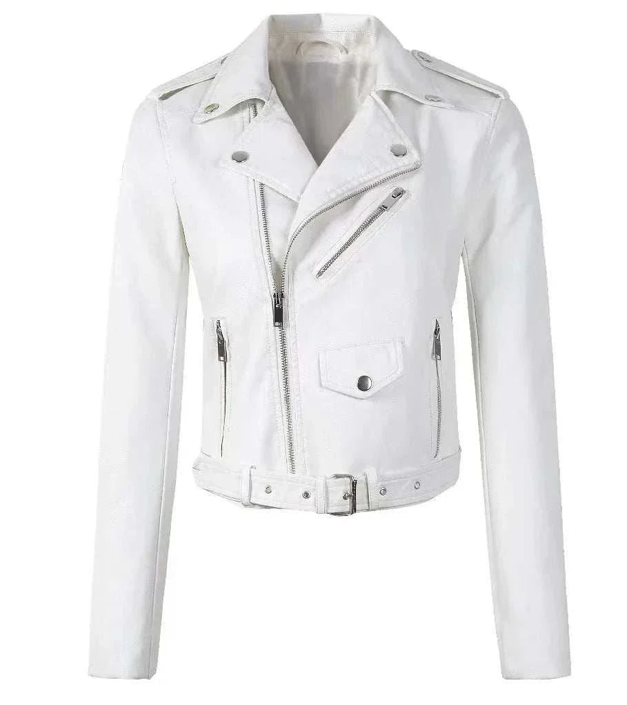 Women Punk White Leather Blazer Zipper Motorycle Jacket