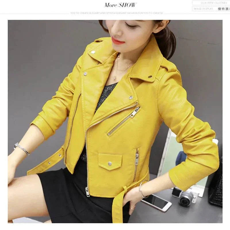 Women Punk YellowLeather Blazer Zipper Motorycle Jacket