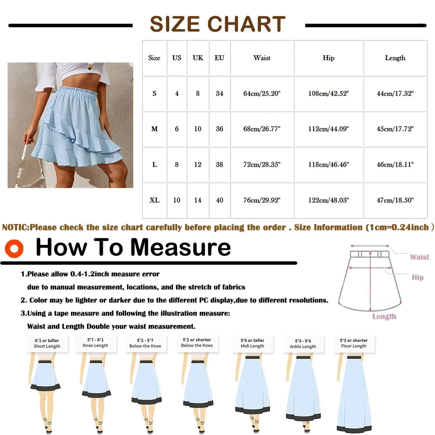 Women'S Ruffle Skirt High Waist Size Chart