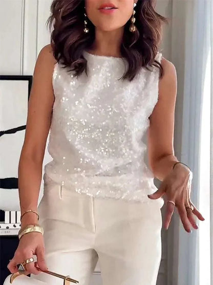 Women White Sleeveless Sequined Nightclub Vest,Tanks