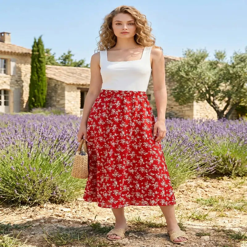 Women's Summer Skirts Vintage Floral Printed Red