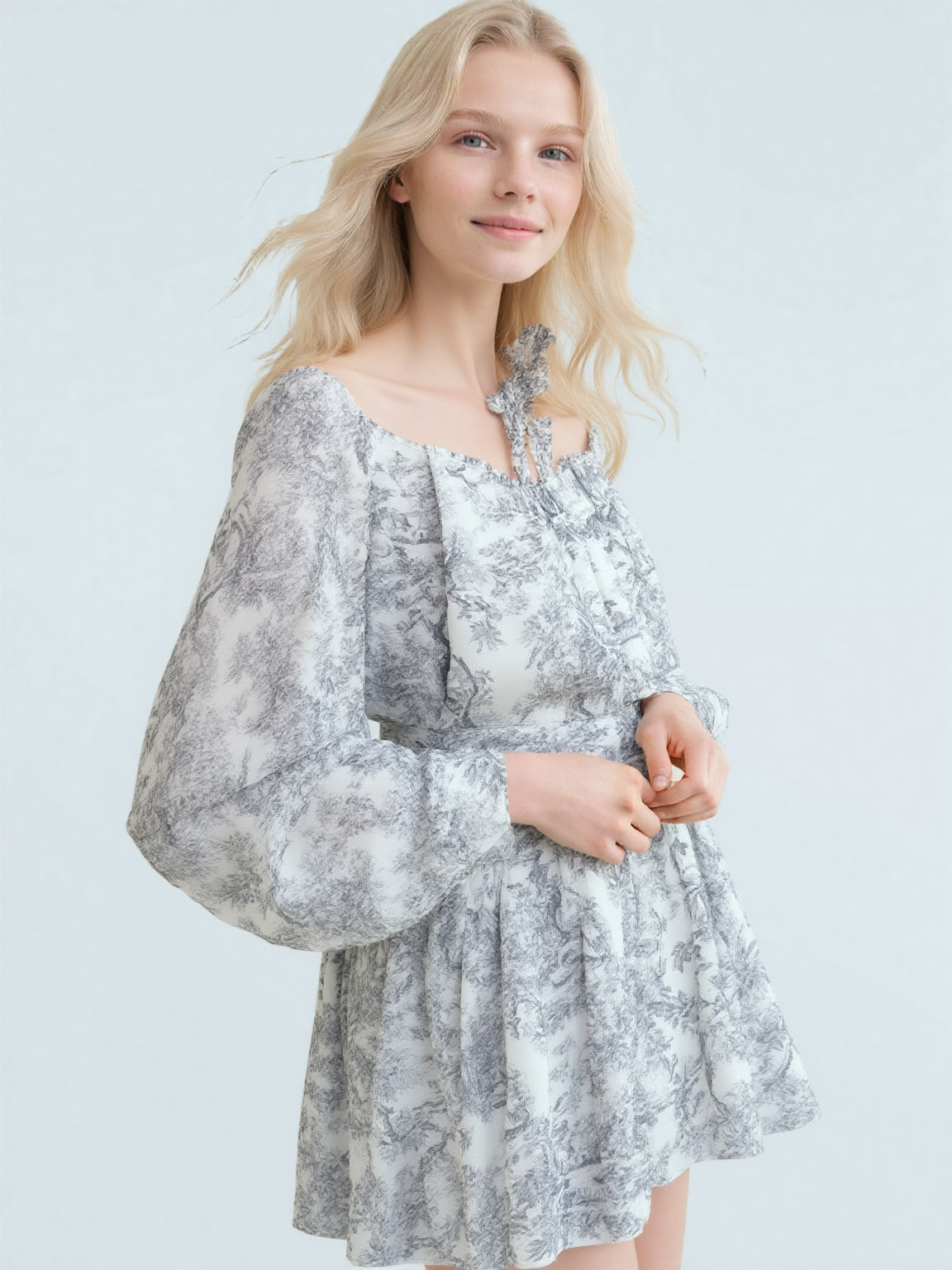 Informal Dresses | Women's Fashion Elegant Fashion Long-sleeved Lace-up High-waist Printed Dress