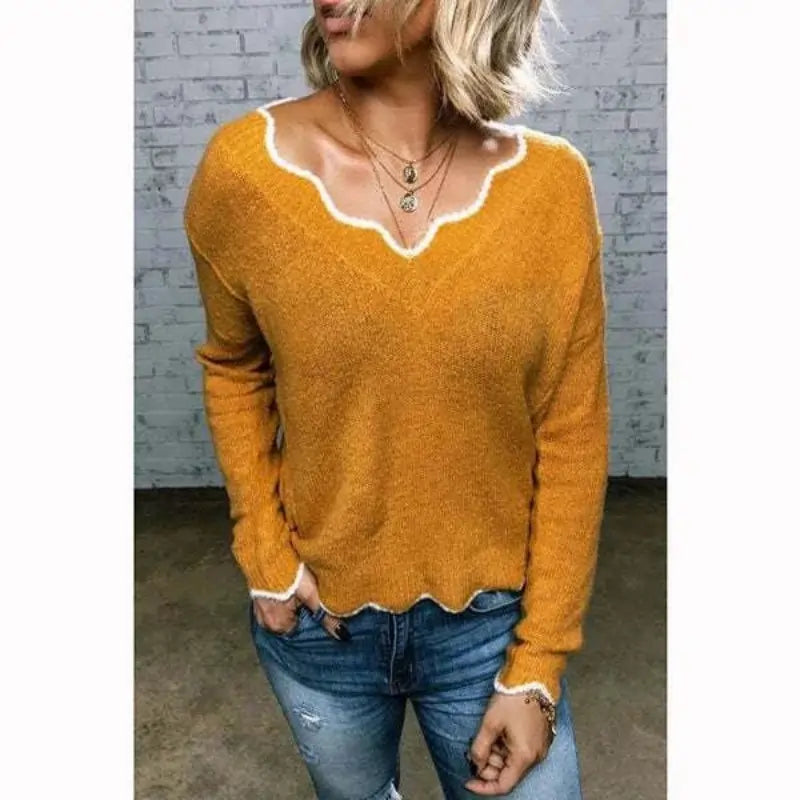 jumpers for women offers Women Knitted Sweaters New Wave V Neck Pullover Yellow