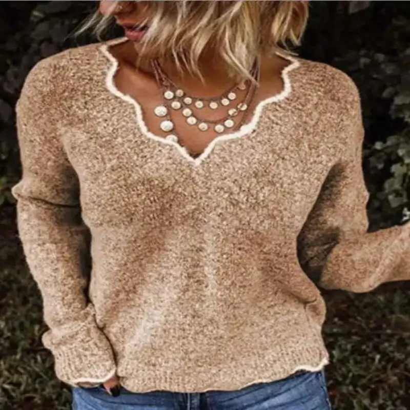 jumpers for women offers Women Knitted Sweaters New Wave V Neck Pullover Beige