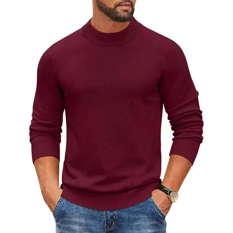 Men's Mock Turtleneck Wine Red Ribbed Knit Pullover Sweater