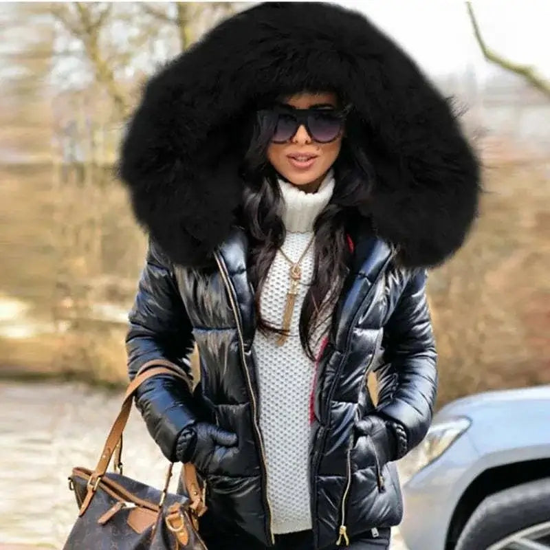 thick Parka Fur Collar Hooded Women Jacket Black